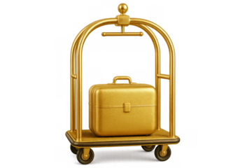 Golden luggage cart carrying a suitcase on a transparent background, representing luxury travel and hospitality