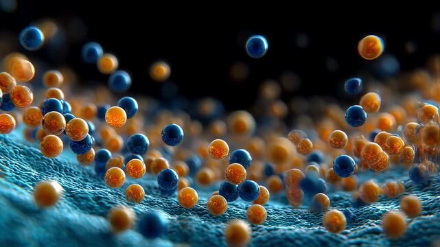 Timelapse sequence depicting alternating blue and orange vesicles budding inward and outward on membrane surface highlighting vesicular transport dynamics.
