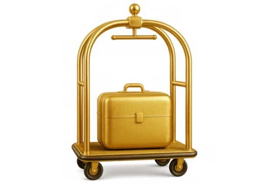 Golden luggage cart carrying a suitcase on a transparent background, representing luxury travel and hospitality