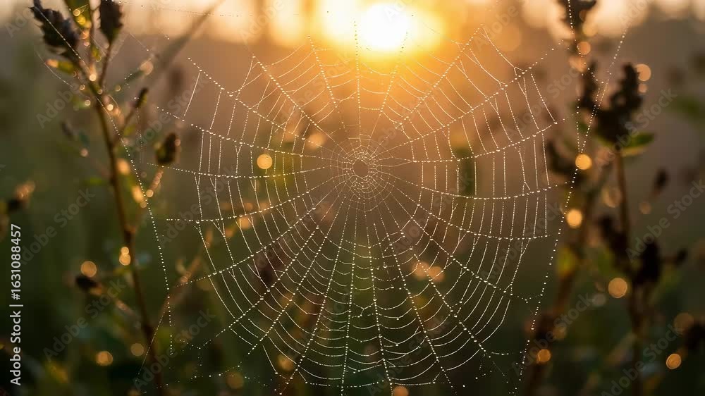 Wall mural raindrops on spider web with bokeh background