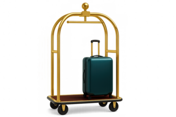 3d rendering featuring a luxurious golden luggage cart transporting a stylish suitcase, isolated against a transparent background
