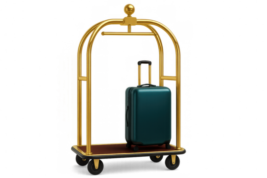 3d rendering featuring a luxurious golden luggage cart transporting a stylish suitcase, isolated against a transparent background