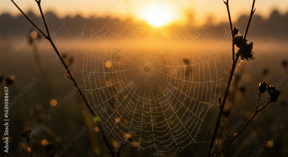 Wall mural raindrops on spider web with bokeh background