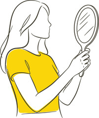 Woman looking in mirror line art illustration stock vector