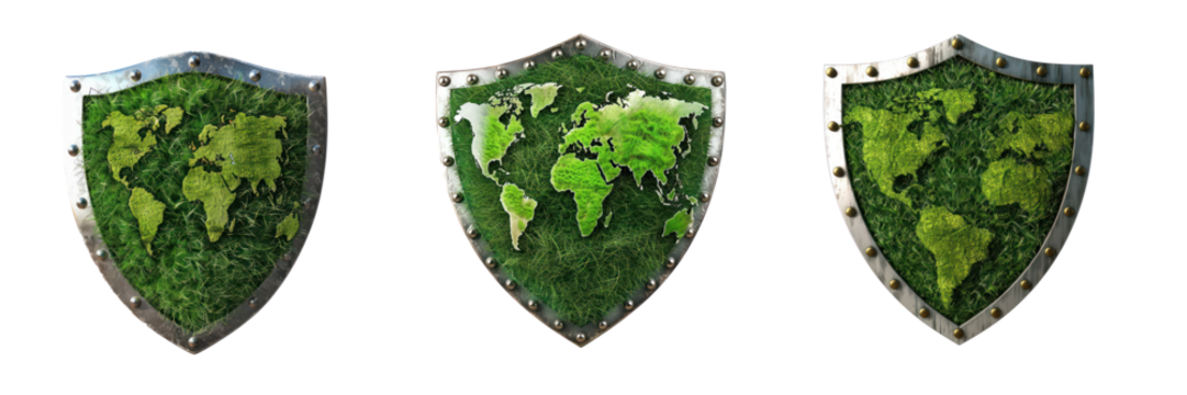 Three green and silver shields with moss and a world map on them.