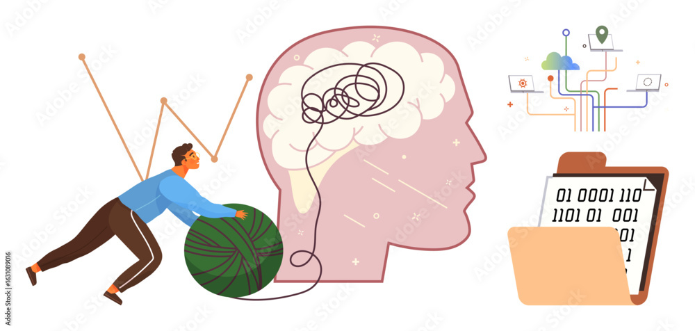 Poster man untangling yarn ball linked to human brain, binary data sheet, and network connections. ideal fo
