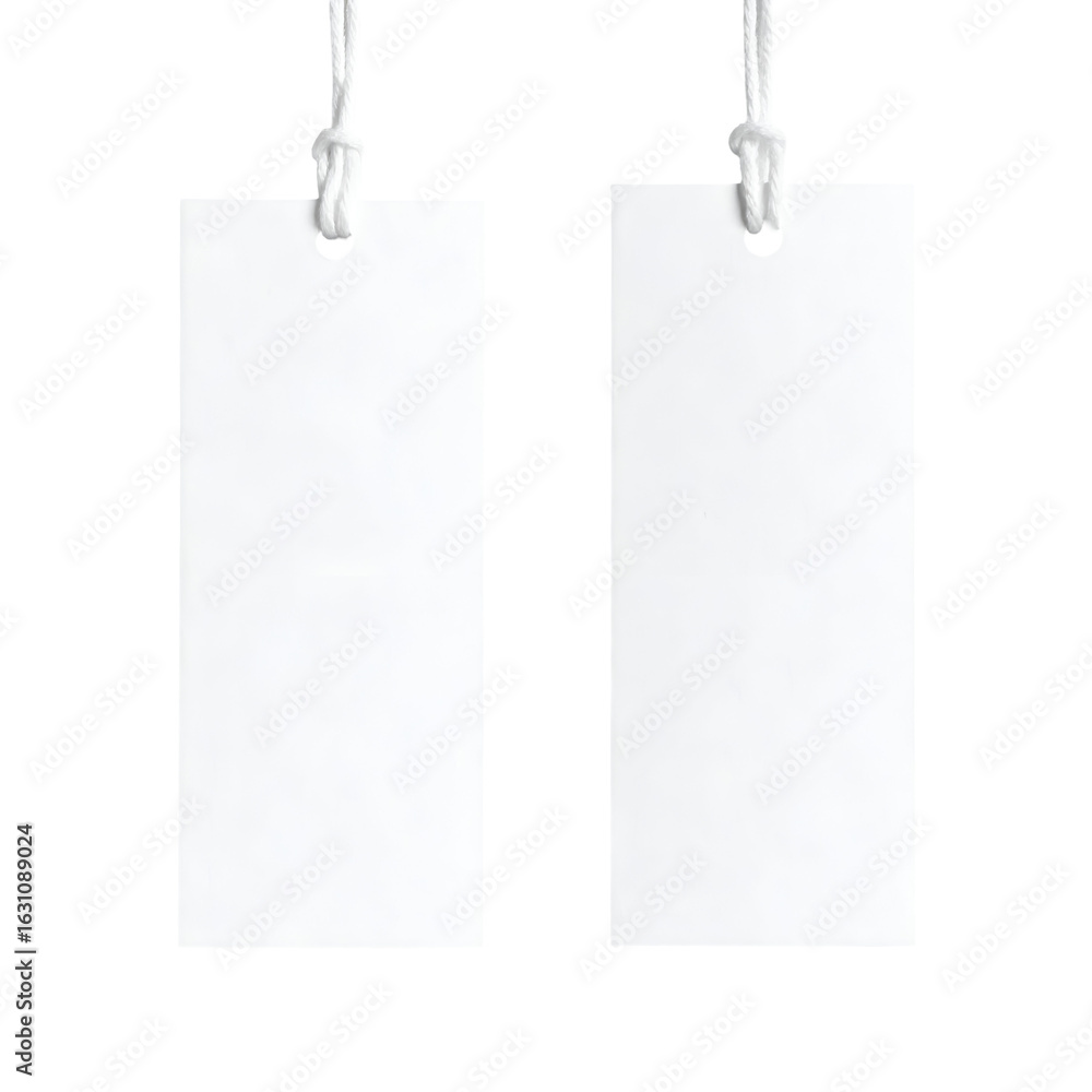 Poster two blank white rectangular paper tags hanging on strings against a solid clear background clean min