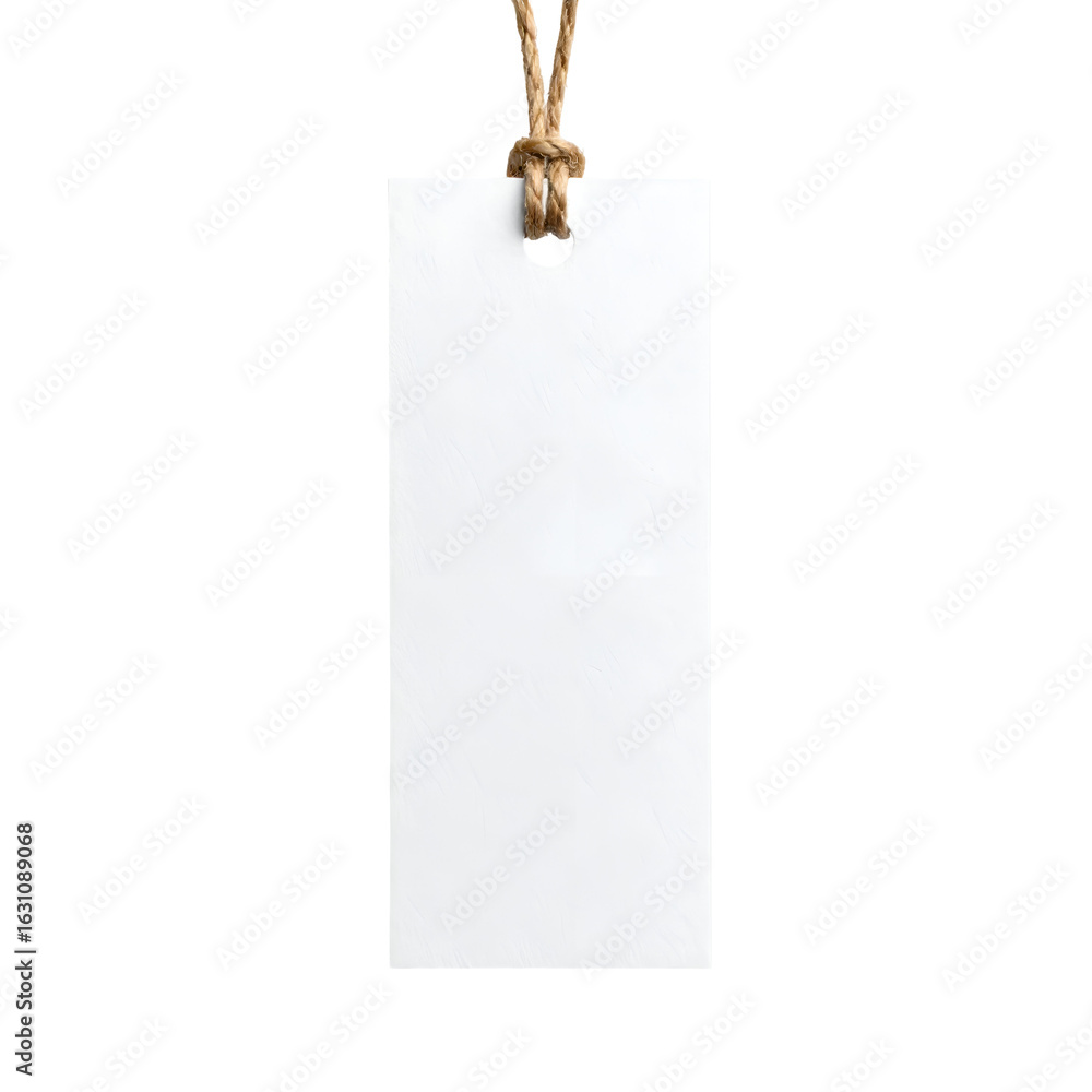 Poster empty white blank rectangular tag or label hanging from natural twine providing ample copy space for