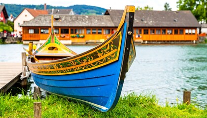 Obraz premium Colorful Gondola docked at a lakeside restaurant