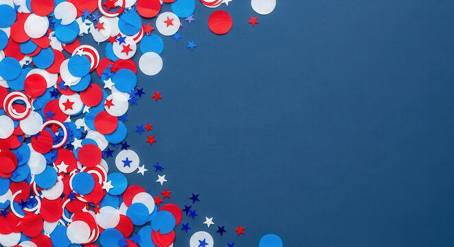 Vibrant red white and blue confetti scattered across a deep blue background celebrating independence day