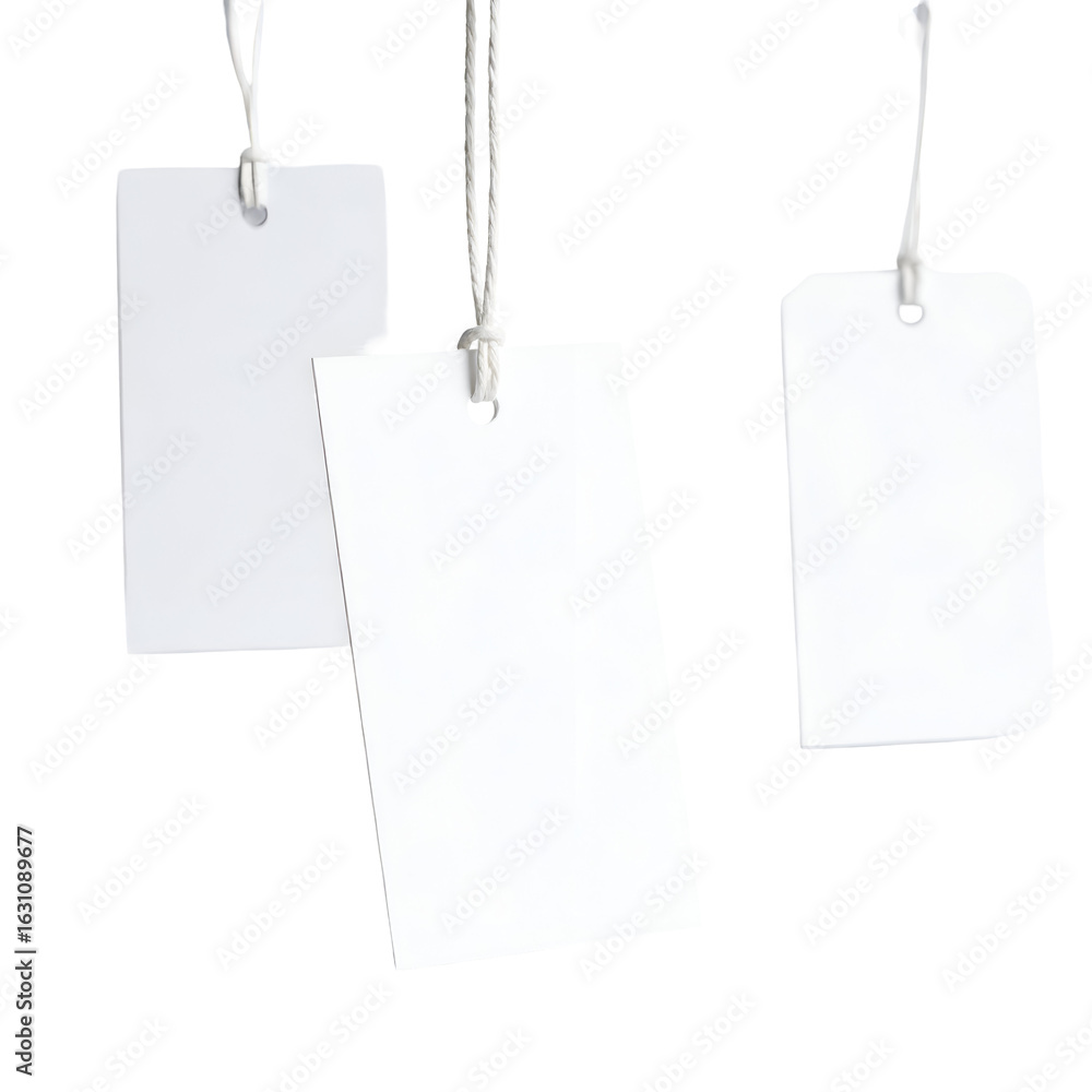 Aufkleber three minimalist blank white paper tags hanging vertically with strings against a clean dark backgro