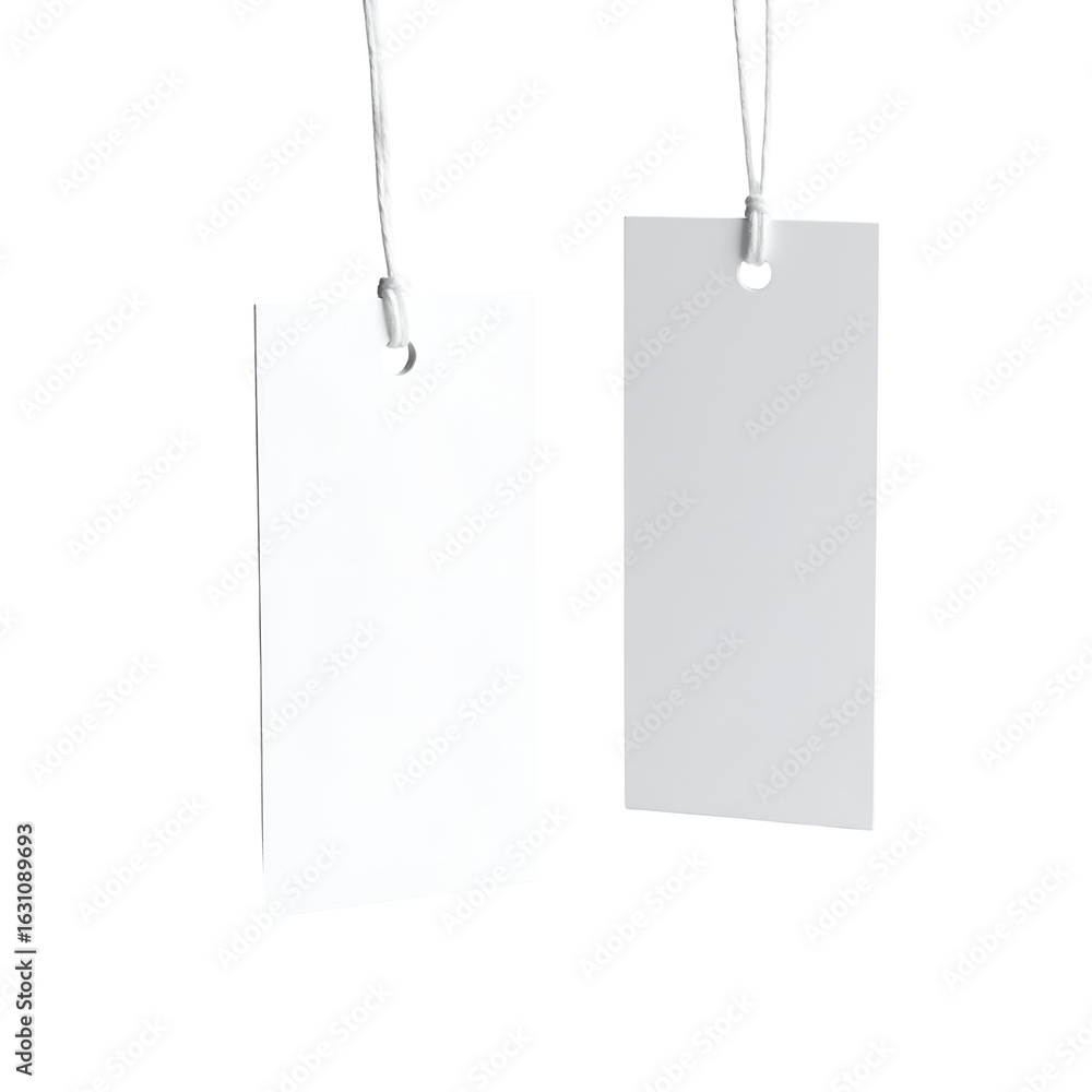 Aufkleber blank white rectangular tags hanging on strings against a stark clear background ready for custom te