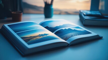 Open Photo Book with Scenic Landscapes