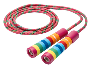 Colorful rainbow jump rope with textured handles on black background