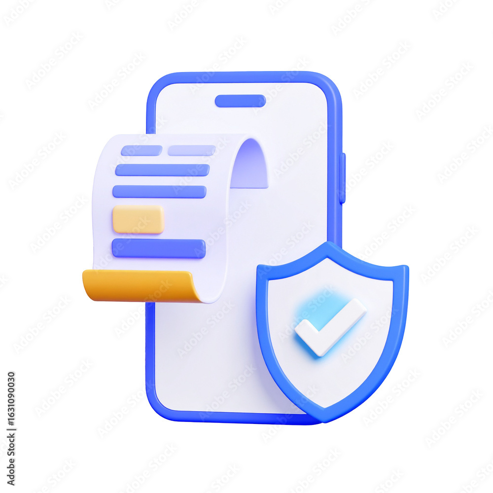Poster invoice shield on phone for secure mobile payment processing. finance use background