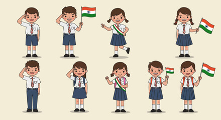A charming collection of Indian school children in uniform, saluting and waving the national flag to celebrate a patriotic event.
