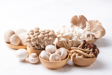 Fresh mushrooms (Champignon, Yanagi, Shimeji, Oyster and Eryngii mushroom) on white background. Asian edible mushroom, Food ingredients