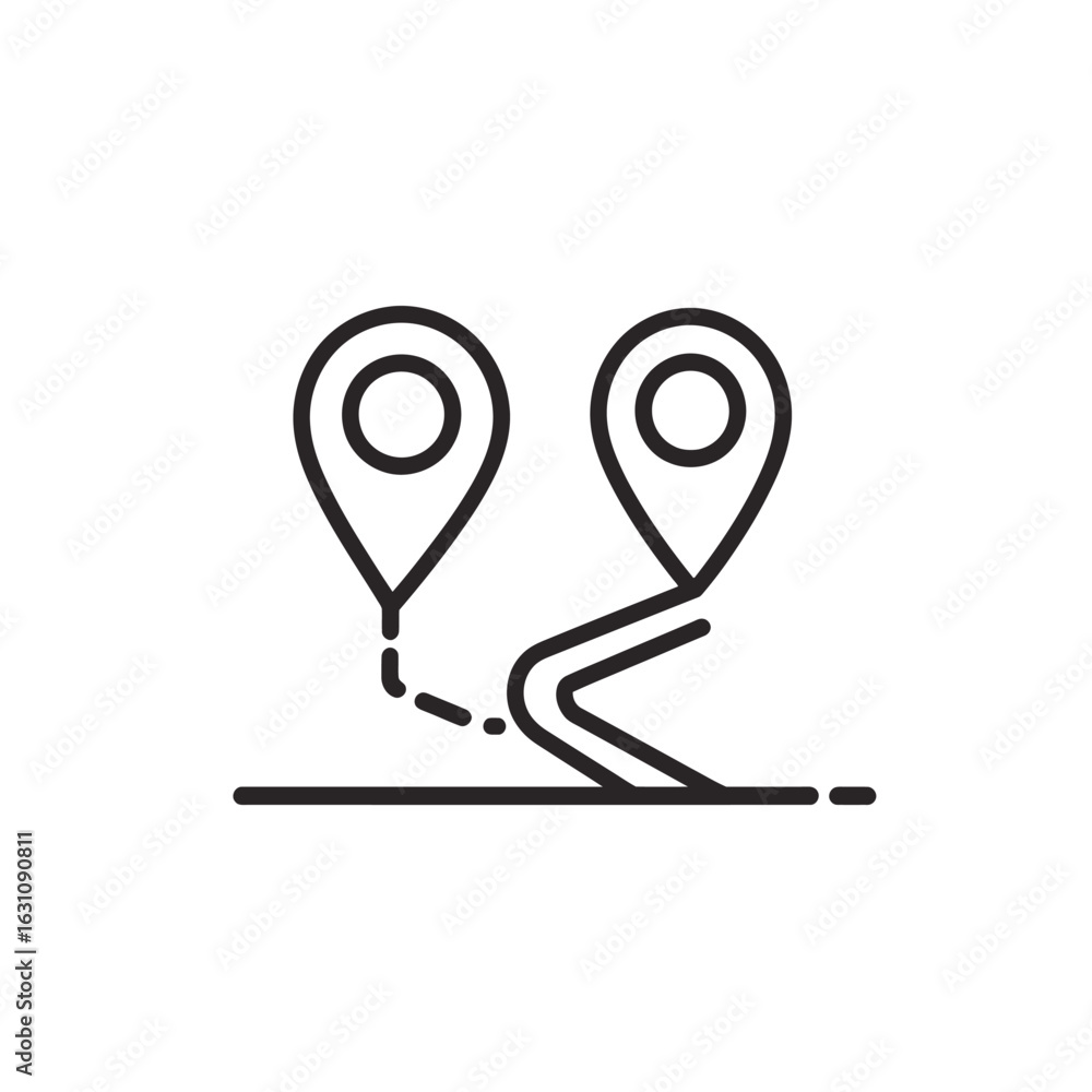 Poster path route with two black location pinpoints, transparent background icon