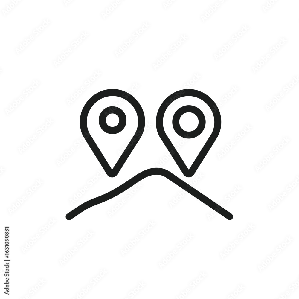 Poster path direction line art with two location markers over a wavy route in outline style