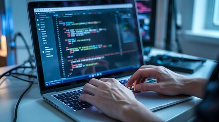 Close up of a programmer s hands typing code on a laptop computer screen displaying lines of text and syntax highlighting