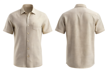 Stylish beige short sleeve button up shirt front and back view for modern fashion