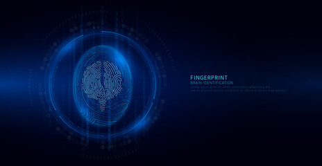 Brain symbol in fingerprint glowing on binary code background. Biometrics identification and approval. Medical digital technology. Security system data protection. Banner vector EPS10.