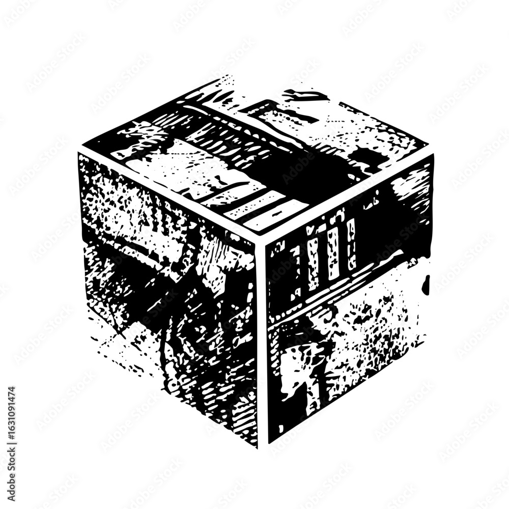 Poster Vector Isometric cube with textured surfaces and linear details.