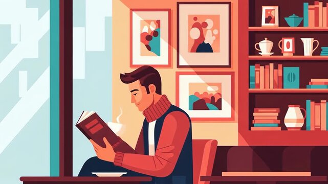 Flat vector a man is reading a book and drinking coffee in a cafe near the window with a bookshelf, creating a cozy and relaxing atmosphere for leisure and study