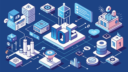 Isometric Illustration of Internet of Things (IoT) Network with Connected Devices and Data Flow on a Blue Background.                                 