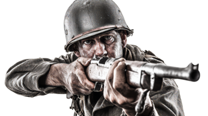 Isolated Vintage World War II Soldier with Rifle and Helmet on white background