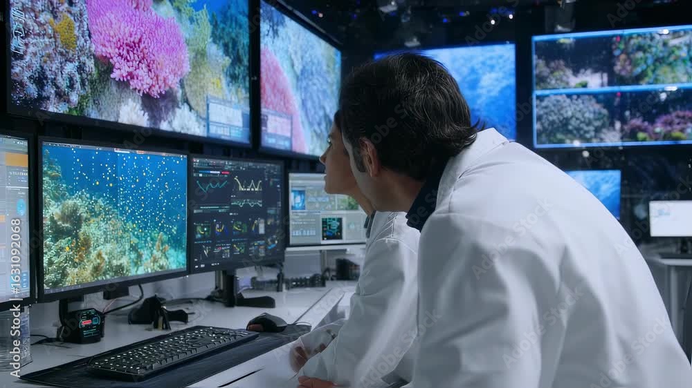 Poster two marine biologists are analyzing data displayed on multiple computer screens, showcasing innovati