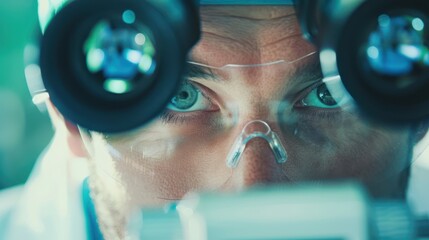 A scientist wearing protective glasses and a lab coat, examining a sample under a microscope in a laboratory setting.