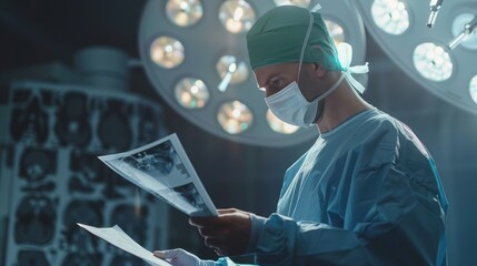 A surgeon in a hospital operating room, wearing a surgical gown and mask, examining a patient's X-ray.