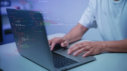 Close up of a person s hands typing on a laptop with glowing digital data streams and charts appearing on the screen