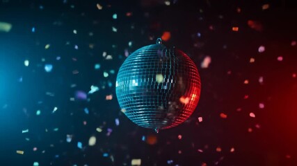 Shiny disco ball with confetti floating in the air, party atmosphere. - Powered by Adobe