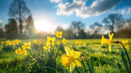 Fototapeta premium A serene, sunlit meadow filled with vibrant yellow daffodils under a clear blue sky with fluffy white clouds.