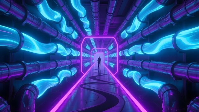 Abstract binary code streams with glowing light and energy streaks create a futuristic blue and purple background - Powered by Adobe