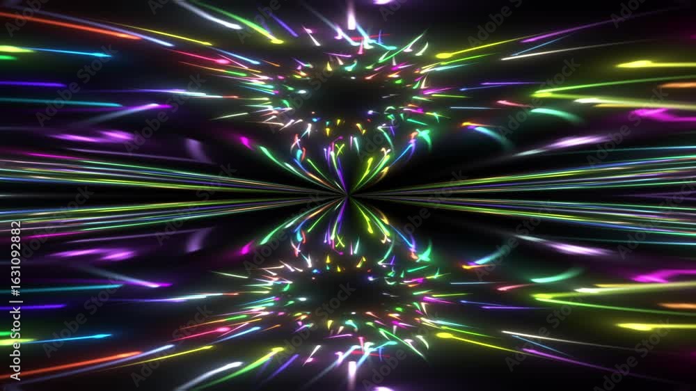 Wall mural 3d animation of a vibrant multicolored lights and particles leaving visible trails. glowing neon lin
