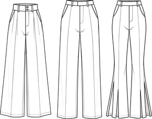 Wide leg pants technical fashion sketch, three variations, front view only, flared hem, flat vector, stylish trouser design