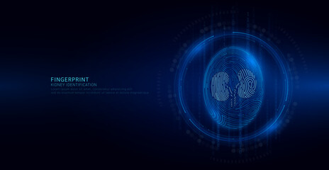 Kidney symbol in fingerprint glowing on binary code background. Biometrics identification and approval. Medical digital technology. Security system data protection. Banner vector EPS10.