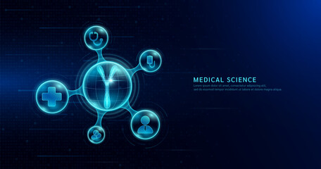 Medical science. Human chromosome Y cell inside transparent molecule with icons doctor pill syringe and plus sign. On dark blue digital technology background. Vector EPS 10.