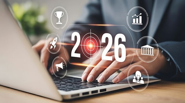 Business professional typing on a laptop with futuristic holographic icons representing growth and success in the year 2026