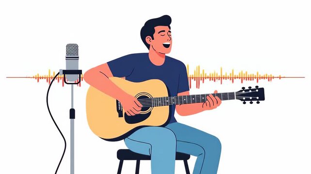 Flat vector a cheerful man is playing the guitar and singing into the microphone, with sound waves in the background isolated on white background