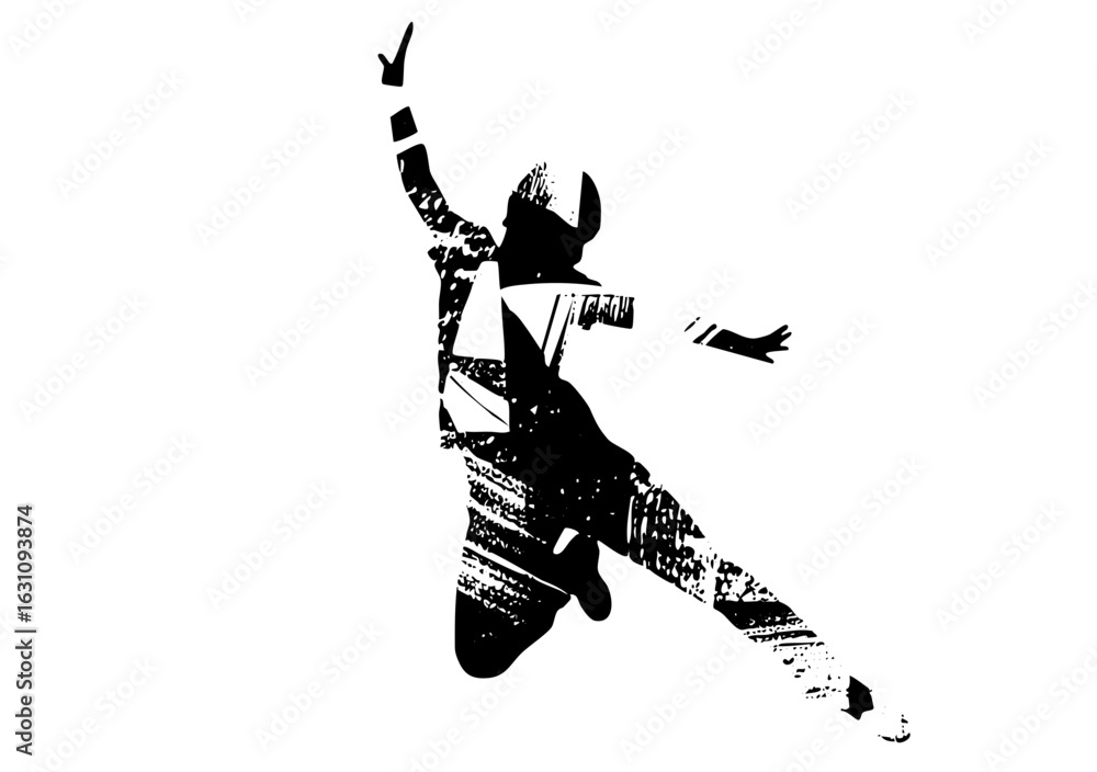 Poster vector dynamic dancer silhouette leaps with expressive arm gestures.