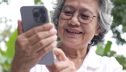 Elderly woman using smartphone outdoors
