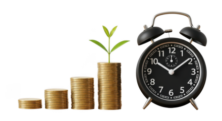 Growing money stack with alarm clock isolated on transparent background