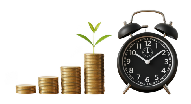 Growing money stack with alarm clock isolated on transparent background