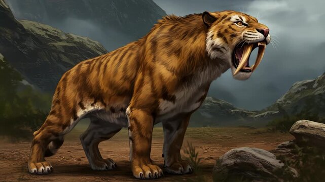 Ferocious saber-toothed tiger roaring in a prehistoric landscape, dangerous predator.