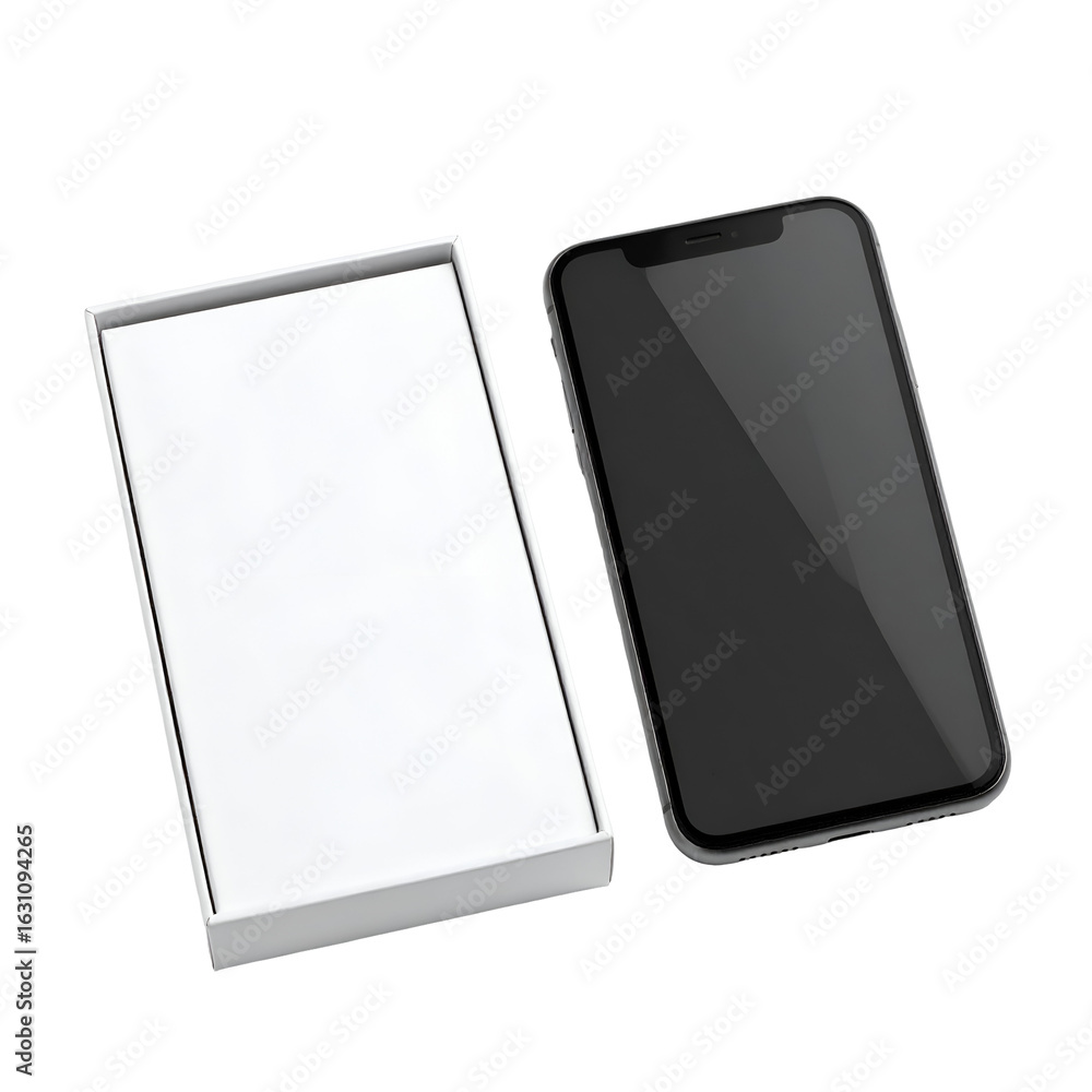 Poster modern smartphone next to an empty white product box on a plain transparent background showcasing ne