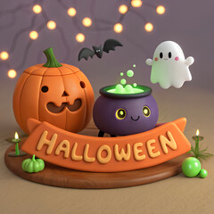 Cute Halloween Scene With Pumpkin Ghost Bat And Cauldron image photo